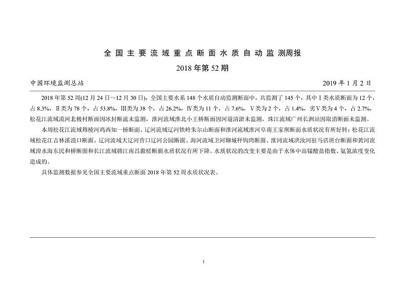 2018年第52周全国主要流域重点断面水质自动监测周报第1页