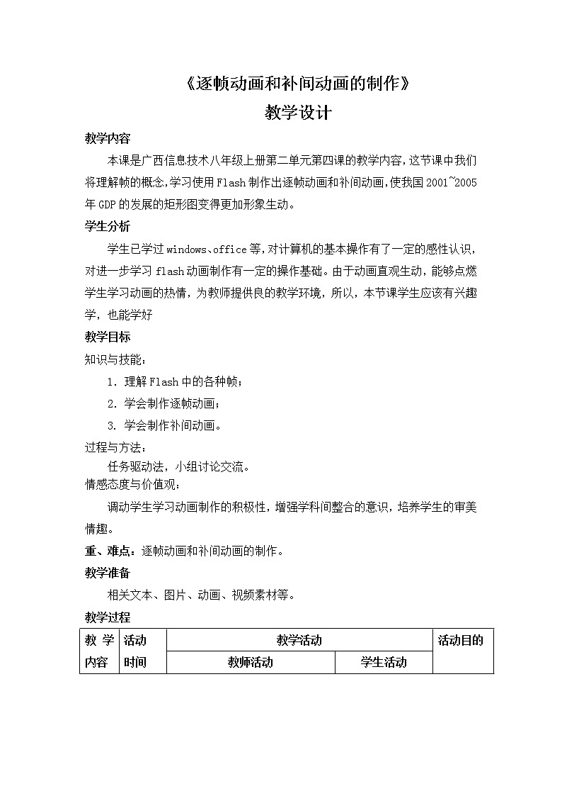 第四课  逐帧动画和补间动画的制作 教学设计第1页