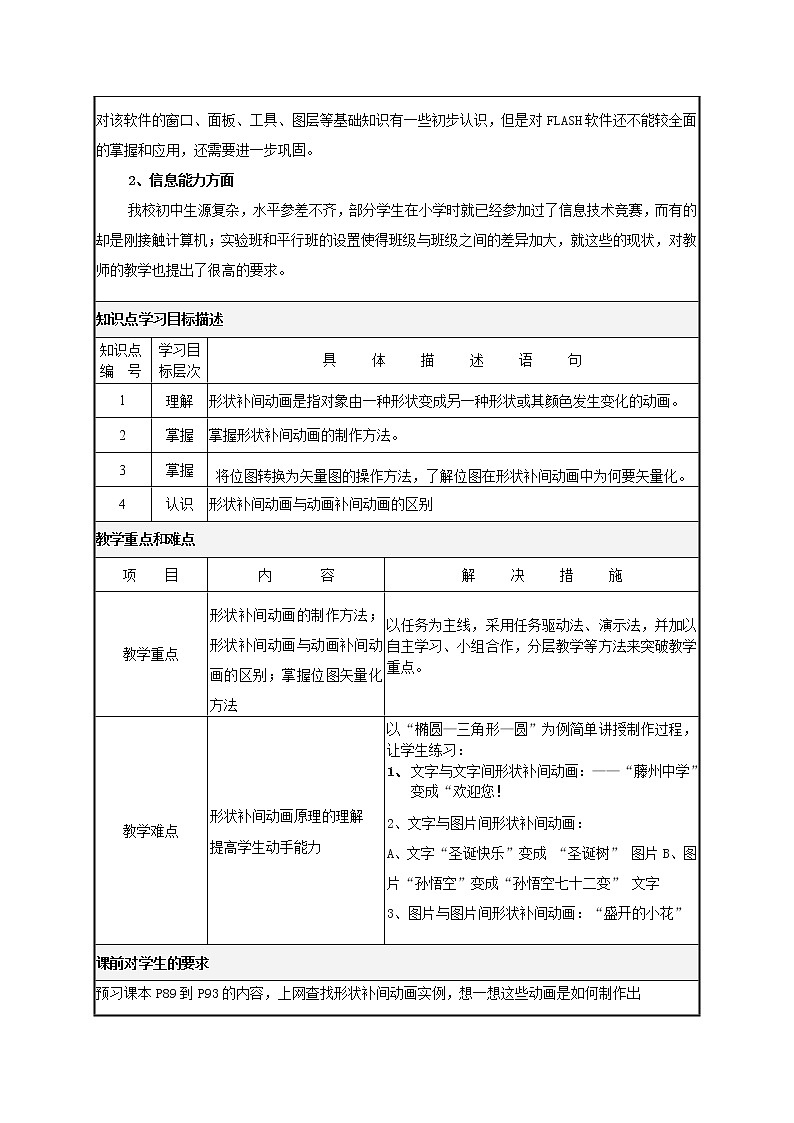 桂科版八年级上册信息技术 6.2形状补间动画 教案02
