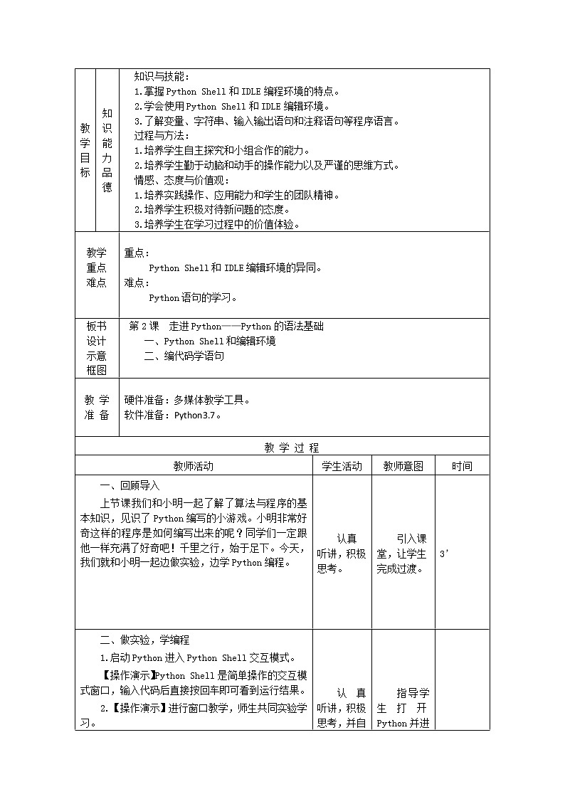 南方版信息技术八年级上册 2 走进Python 教案第2页