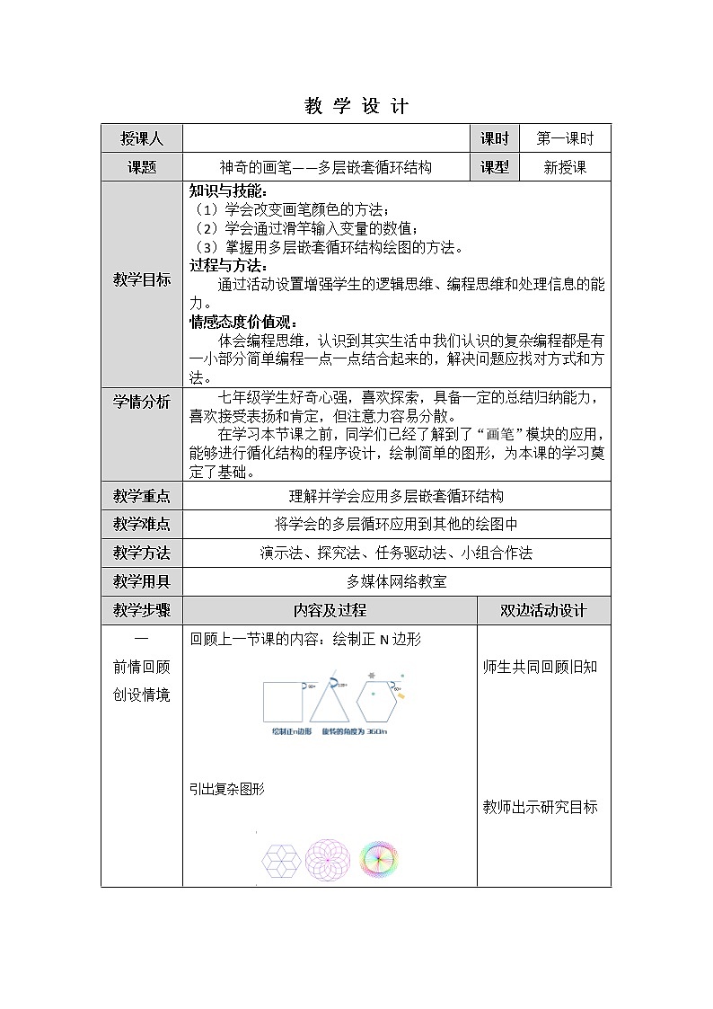 大连版七年级下册信息技术 6.神奇的画笔--多层嵌套循环结构 教案01