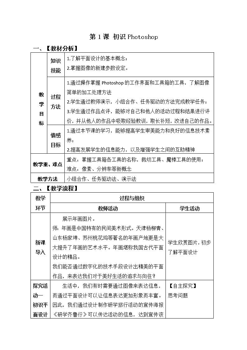 青岛版初中信息技术第五册 第1课 初识Photoshop 教案第1页