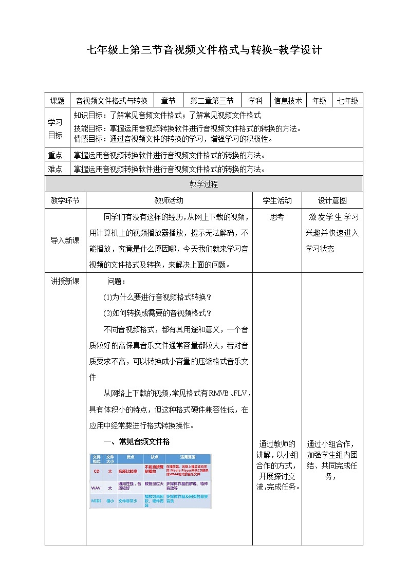 粤高教版信息技术七下 2.3 音视频文件格式与转换 教案第1页