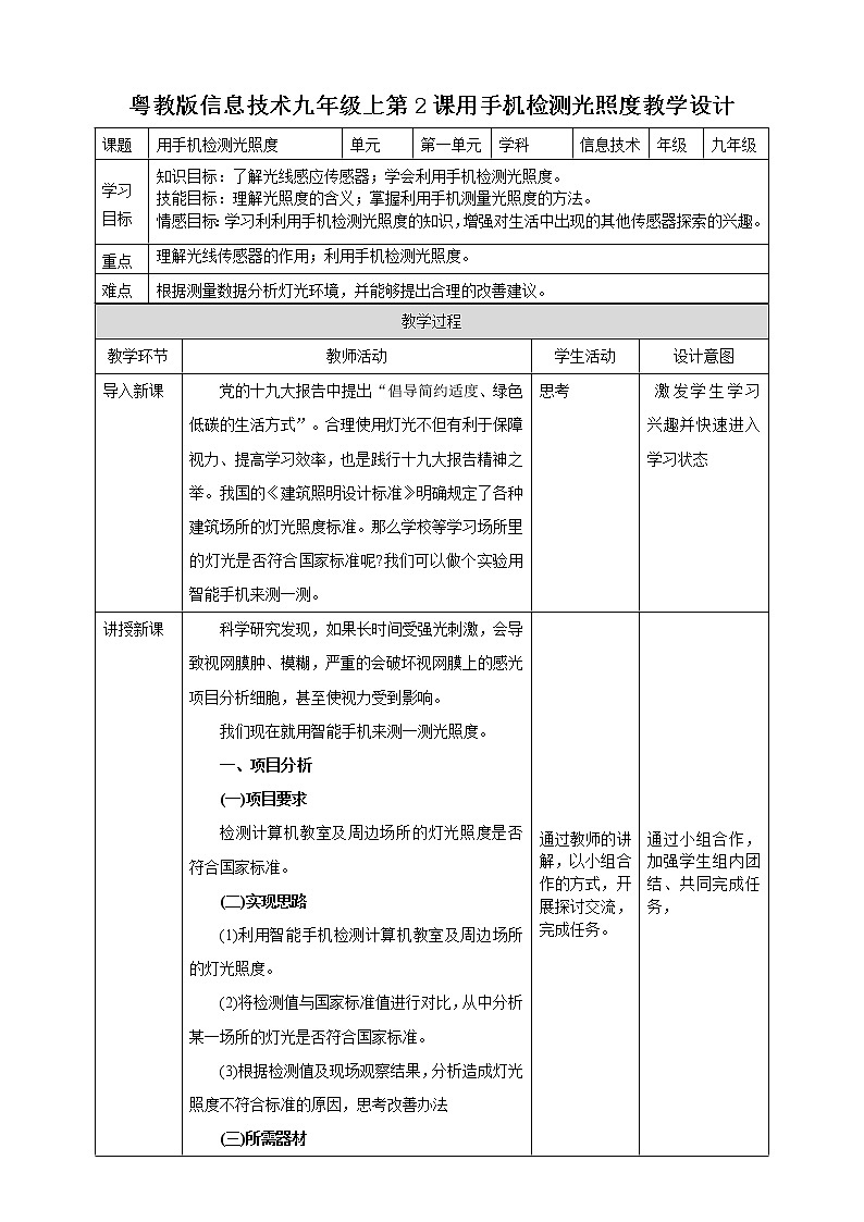 粤高教版（2018）九上信息技术1.2 用手机检测光照度教案第1页
