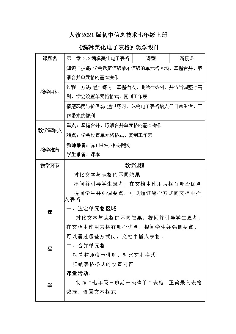 人教2021版（内蒙）2.2 《编辑美化电子表格》课件+教案01
