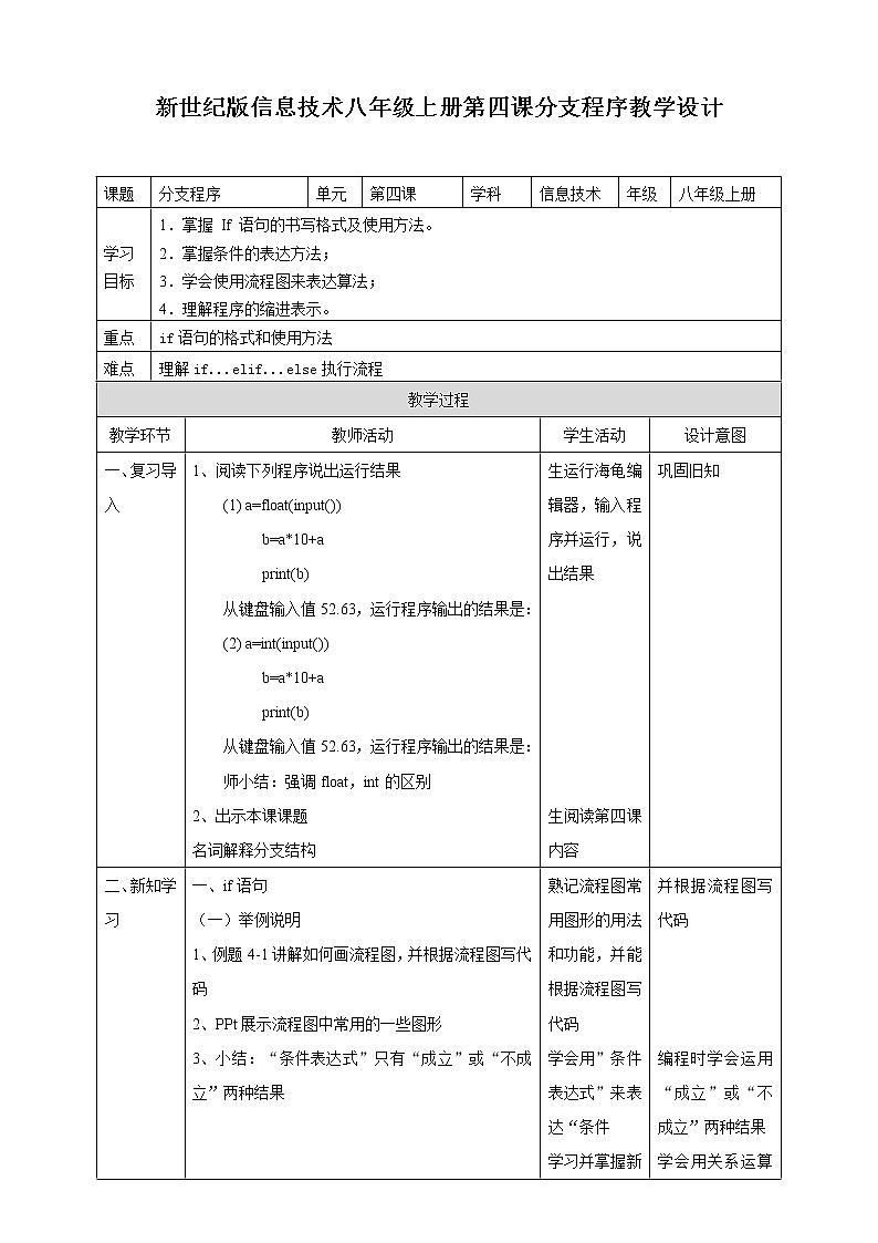 新世纪信息技术八上 第四课 分支程序 课件PPT+教案01