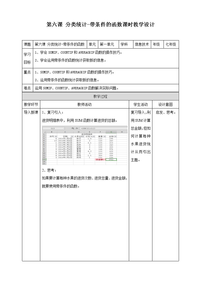 新世纪版信息技术七下 1.6  分类统计—带条件的函数 教案第1页