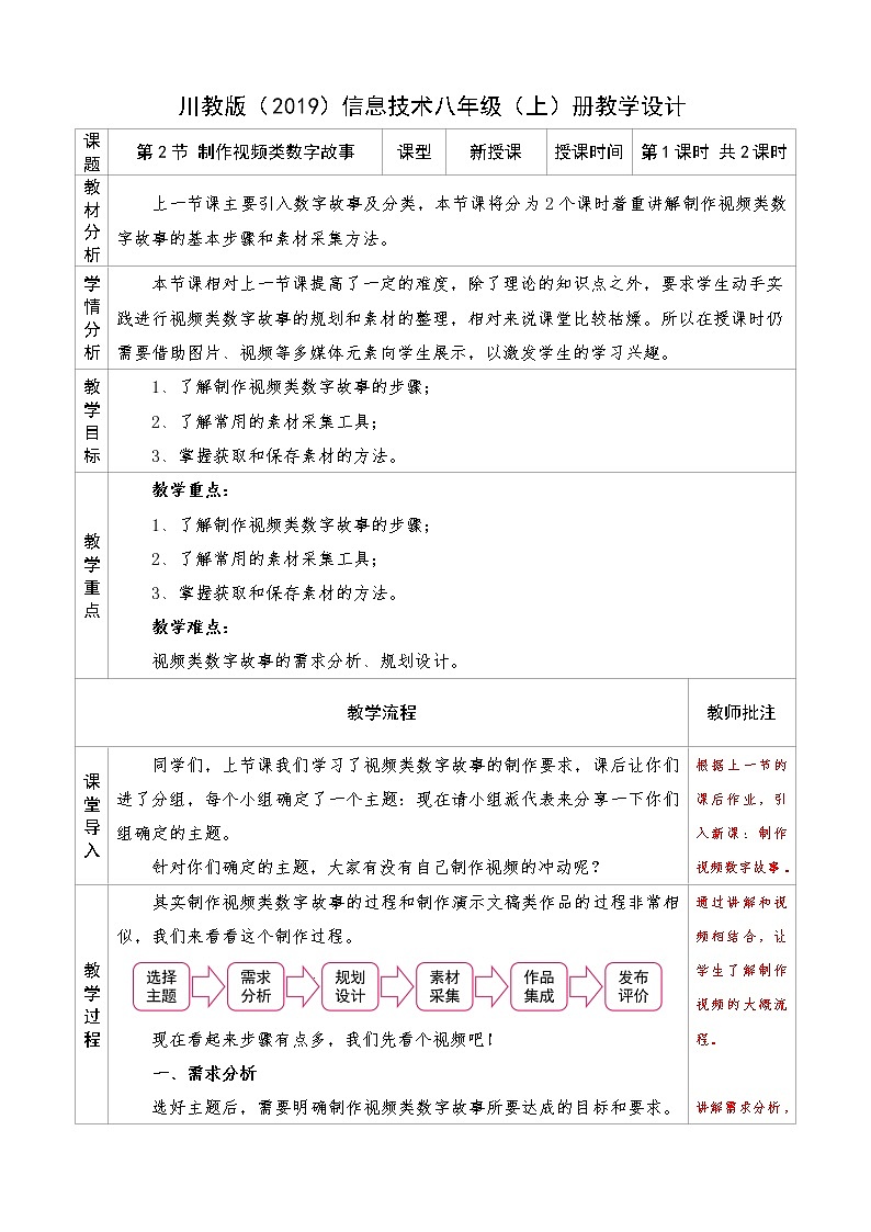 2022年川教版（2019）信息技术八年级（上）册：第一单元 第2节 制作视频类数字故事（教案 第1课时 共2课时）第1页