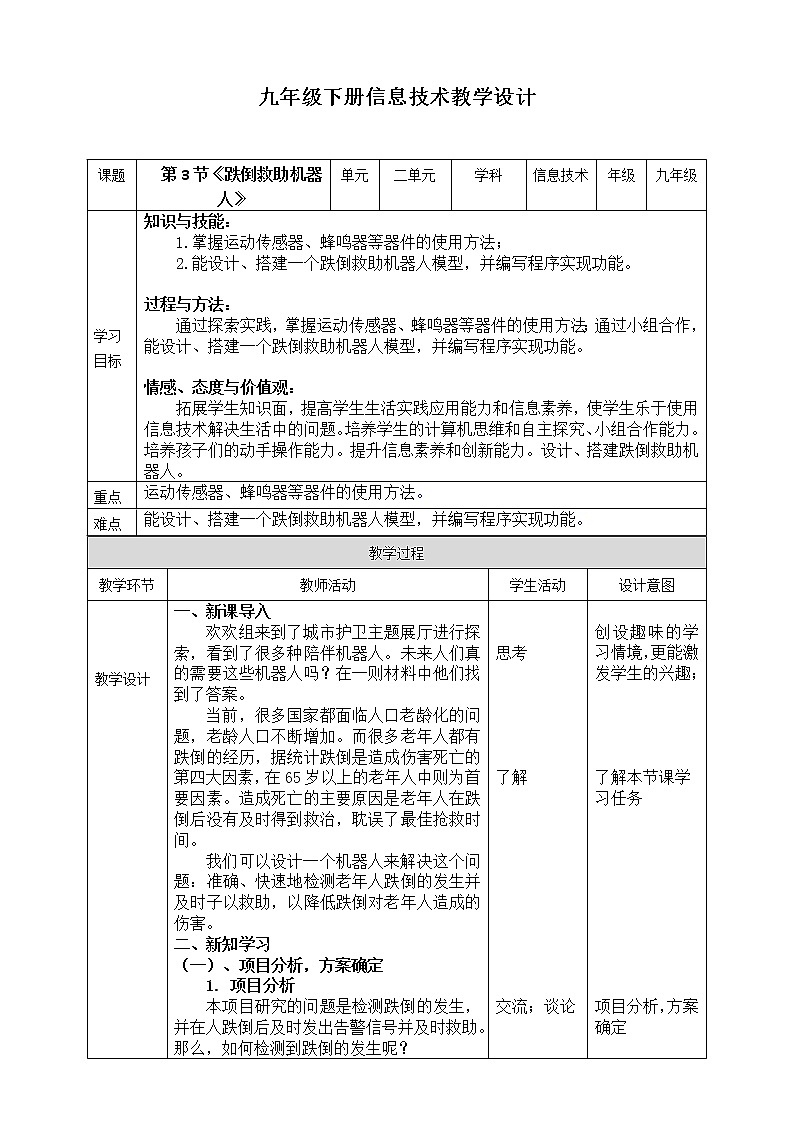 新川教版信息技术九下2.3《跌倒救助机器人》课件PPT+教案01
