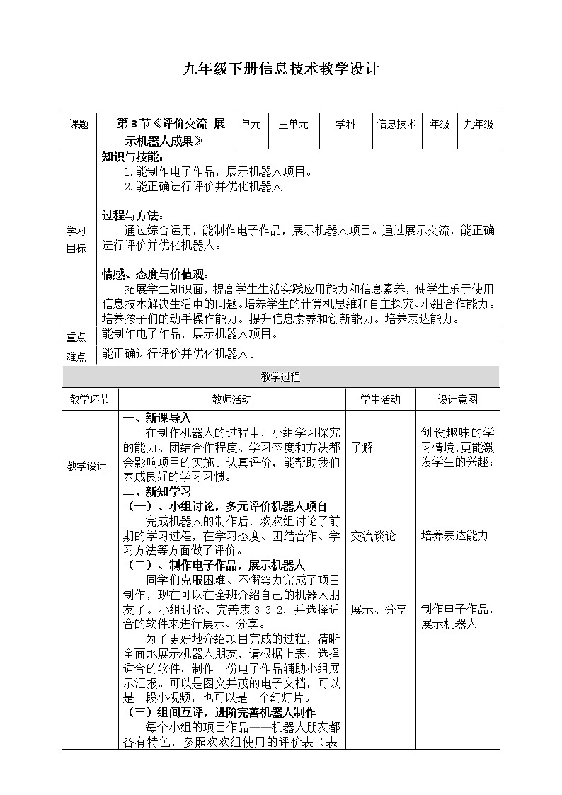 川教版九年级下册信息技术3.3《评价交流 展示机器人成果》 教案第1页