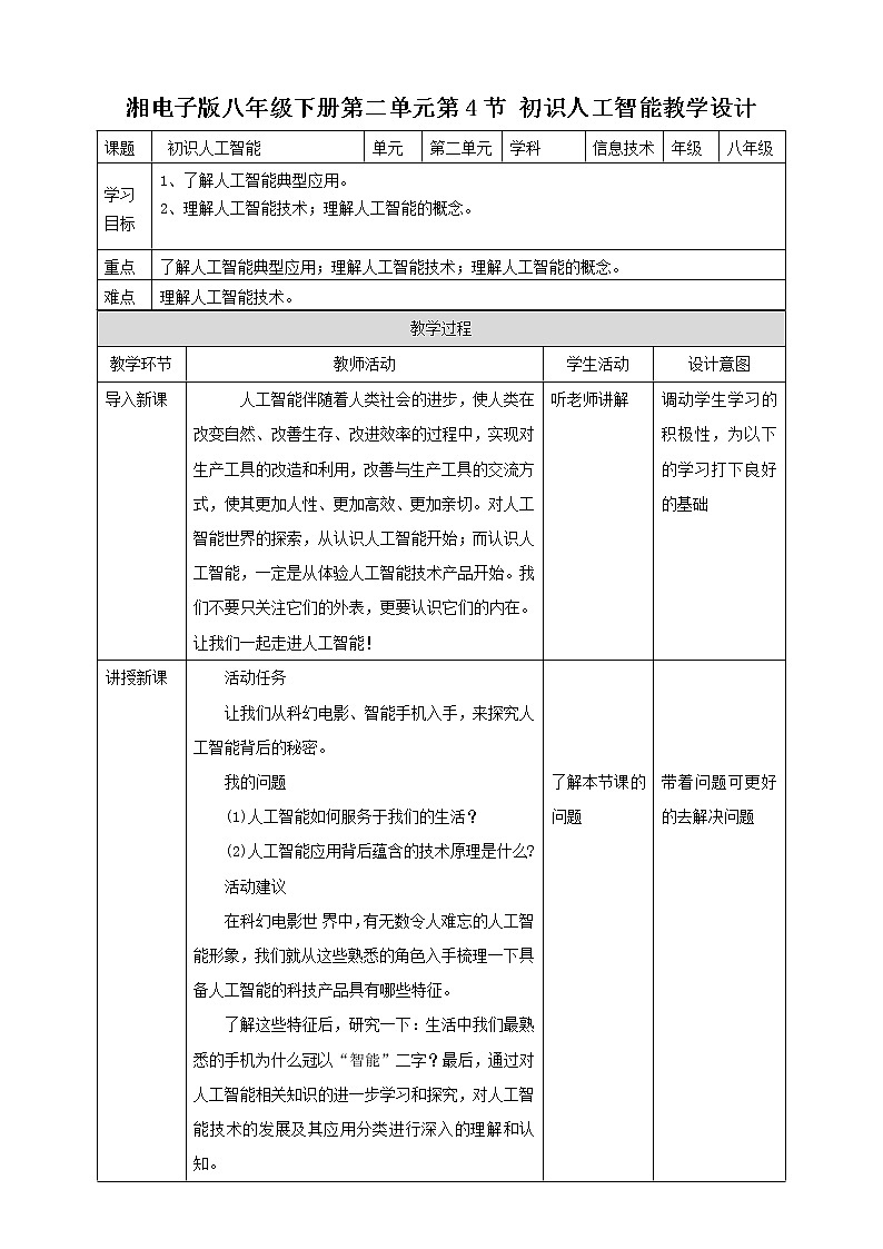 湘电子版八下2.4 初识人工智能课件PPT+教案+视频01