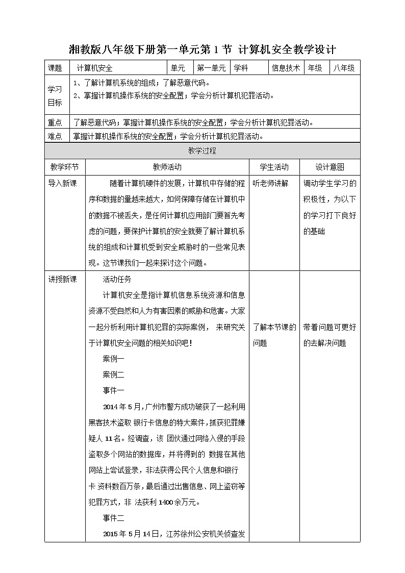 湘电子版八下1.1计算机安全 课件PPT+教案01