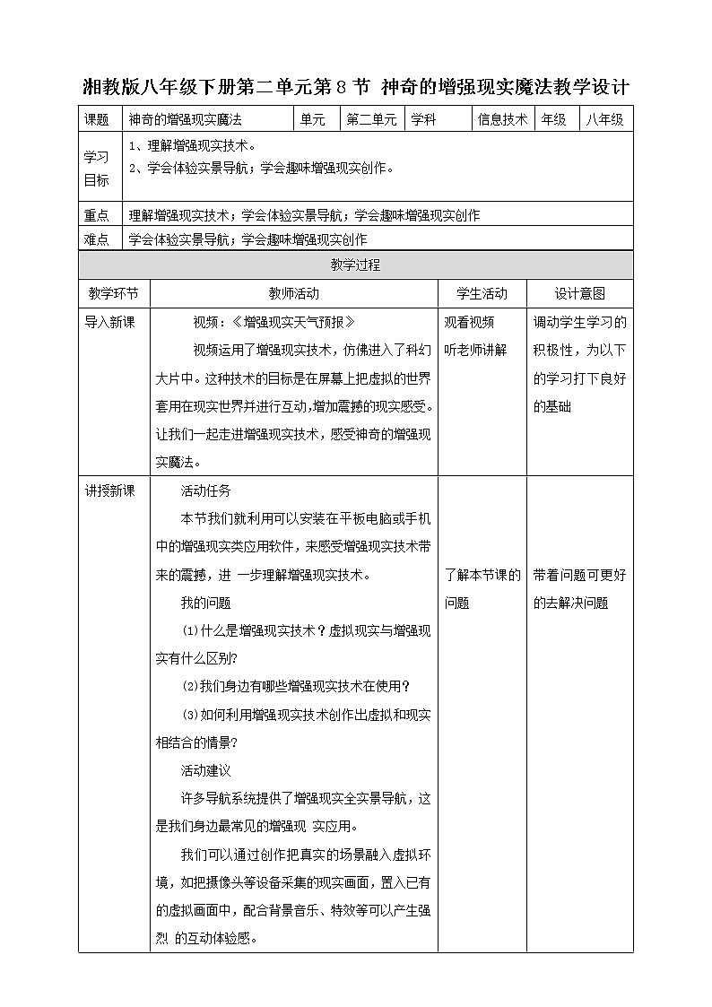 湘电子版八下2.8 神奇的增强现实魔法 课件PPT+教案+视频01