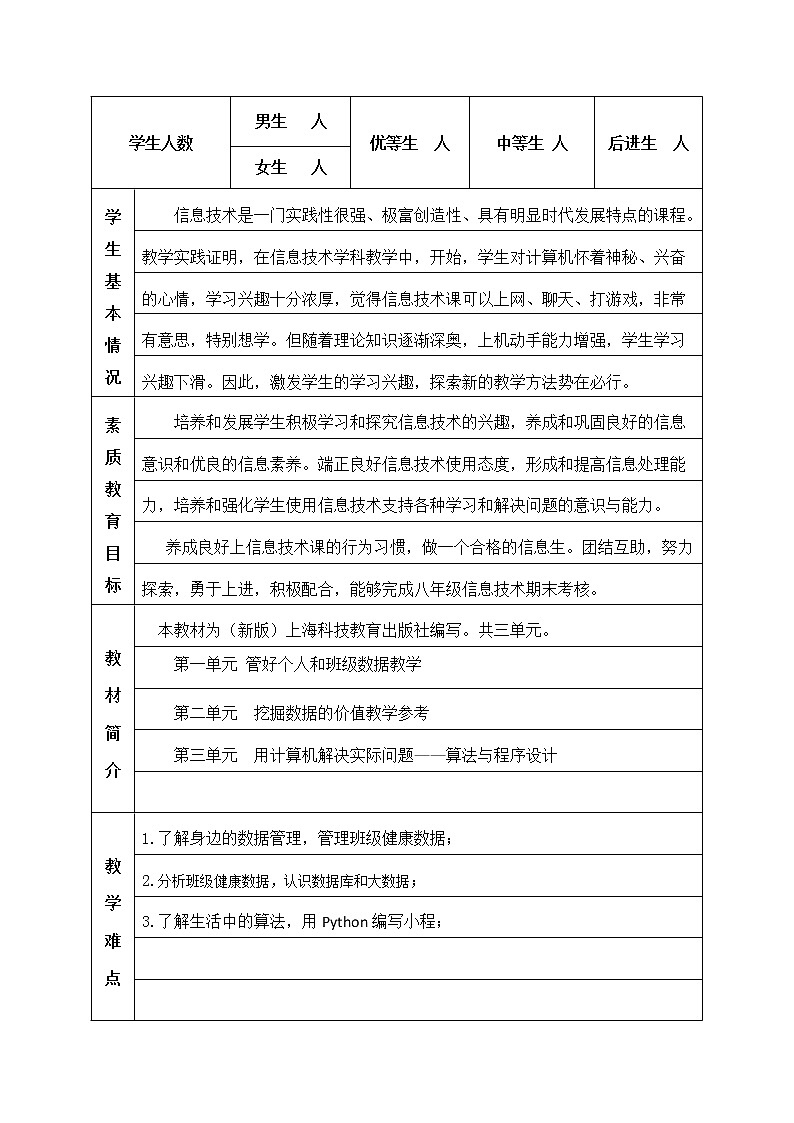 八年级信息技术上册教学计划表第1页
