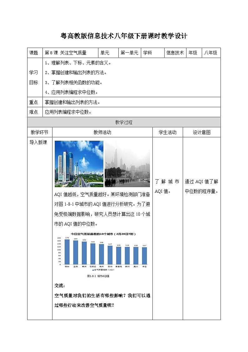 粤高教版八年级下册信息技术第1单元第8课  关注空气质量 教案01