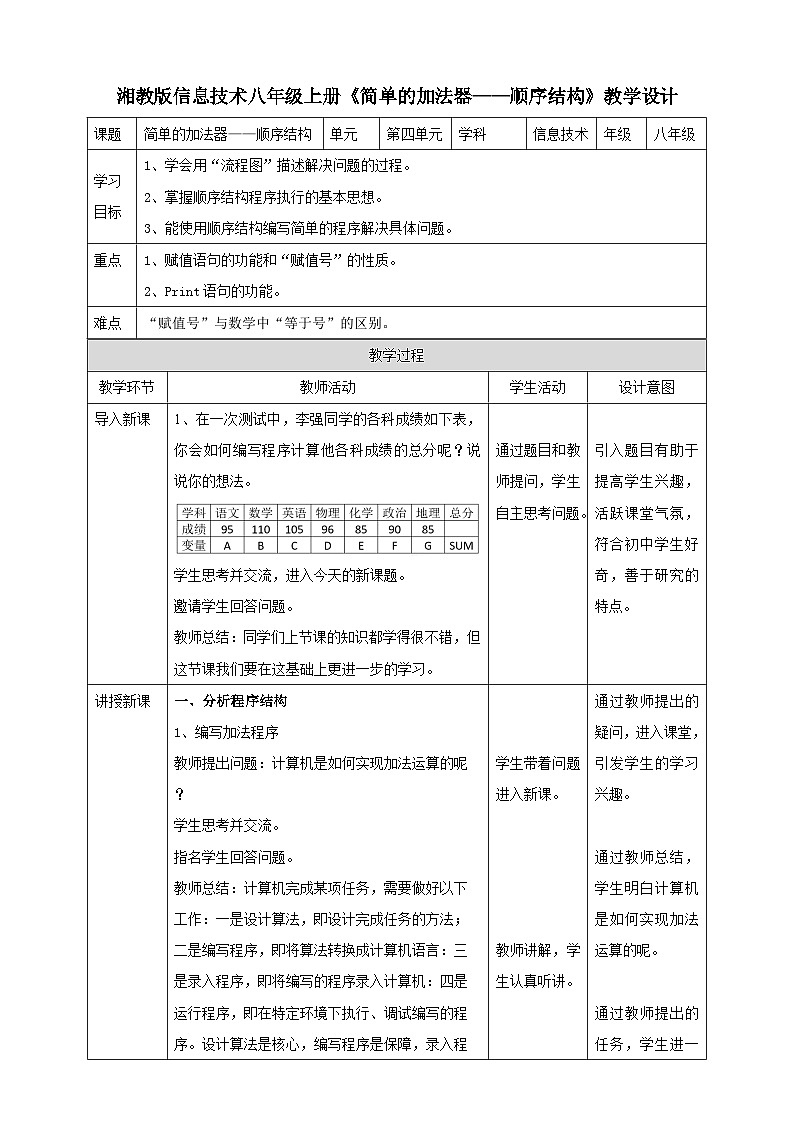 湘电子版八年级上册信息技术教案 简单的加法器——顺序结构 教案01