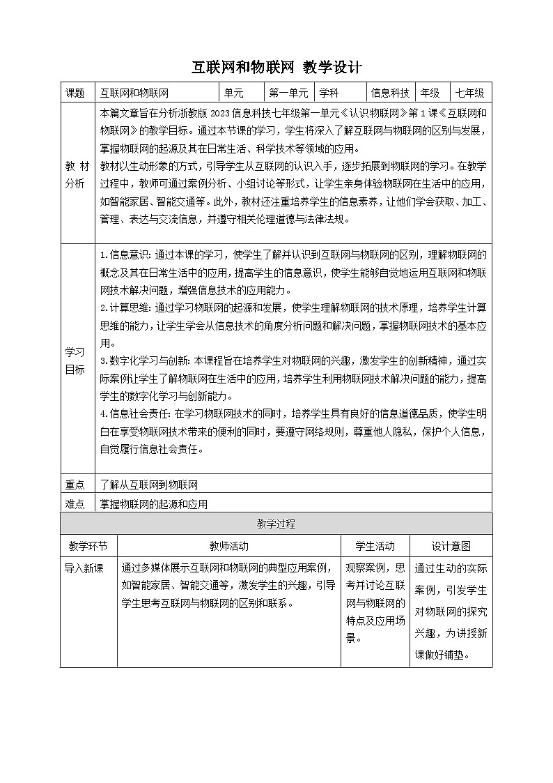 【大单元整体教学】浙教版（2023） 初中信息技术 七年级下册 第1单元第1课 互联网和物联网 教案 (5份)01