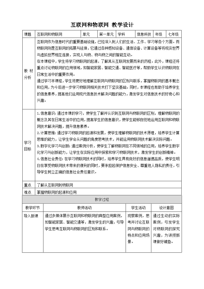 【大单元整体教学】浙教版（2023） 初中信息技术 七年级下册 第1单元第1课 互联网和物联网 教案 (5份)01
