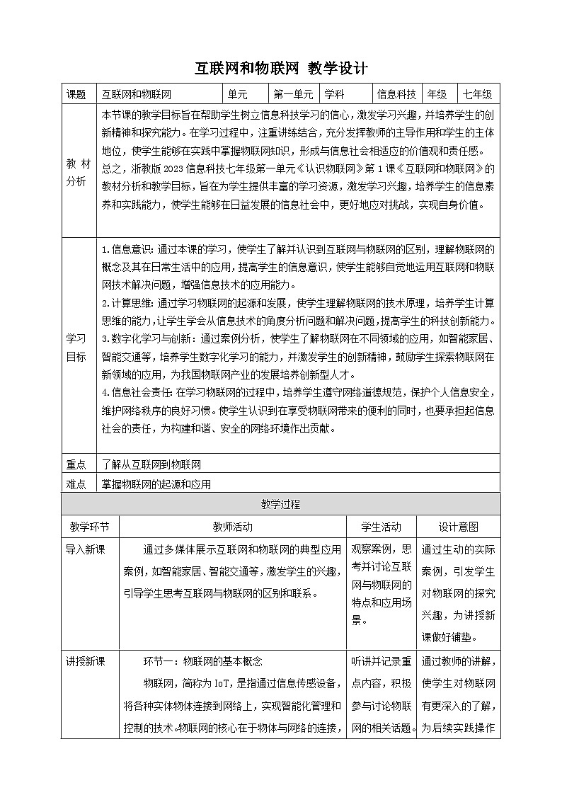 【大单元整体教学】浙教版（2023） 初中信息技术 七年级下册 第1单元第1课 互联网和物联网 教案 (5份)01
