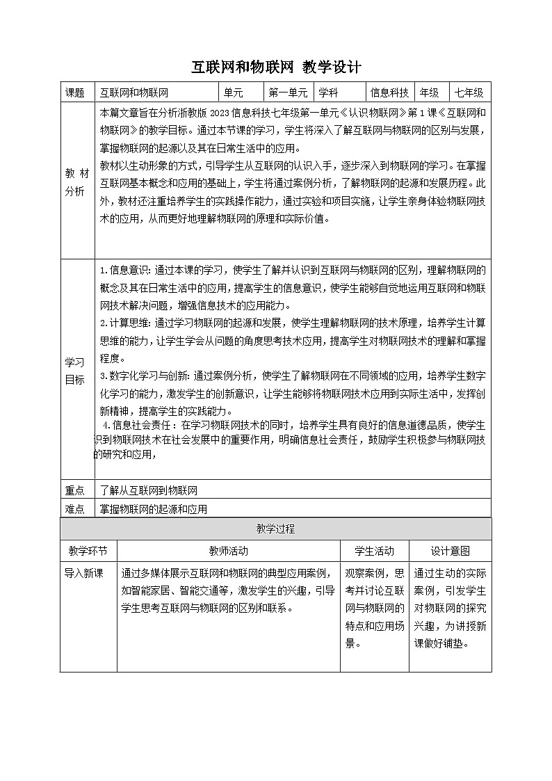 【大单元整体教学】浙教版（2023） 初中信息技术 七年级下册 第1单元第1课 互联网和物联网 教案 (5份)01