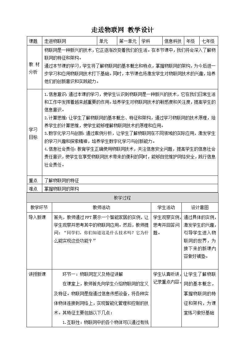 【大单元整体教学】浙教版（2023） 初中信息技术 七年级下册 第1单元第2课 走进物联网 教案 (5份)01