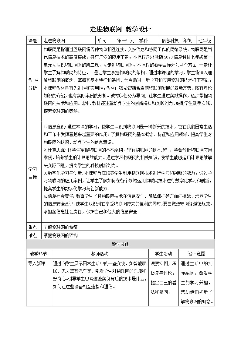 【大单元整体教学】浙教版（2023） 初中信息技术 七年级下册 第1单元第2课 走进物联网 教案 (5份)01