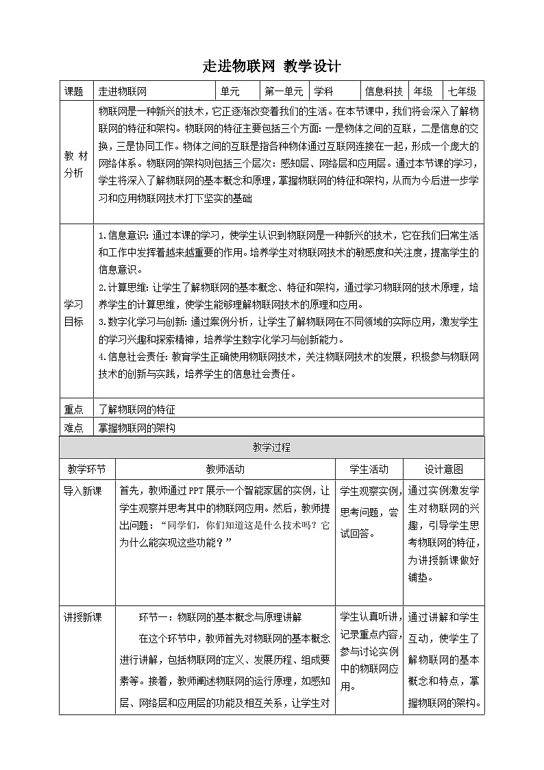 【大单元整体教学】浙教版（2023） 初中信息技术 七年级下册 第1单元第2课 走进物联网 教案 (5份)01