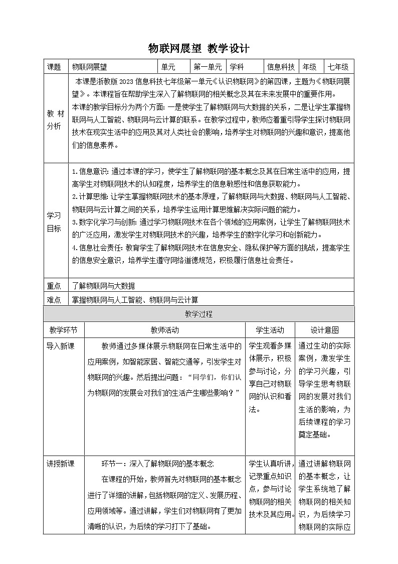 【大单元整体教学】浙教版（2023） 初中信息技术 七年级下册 第1单元第4课 物联网展望 教案 (5份)01