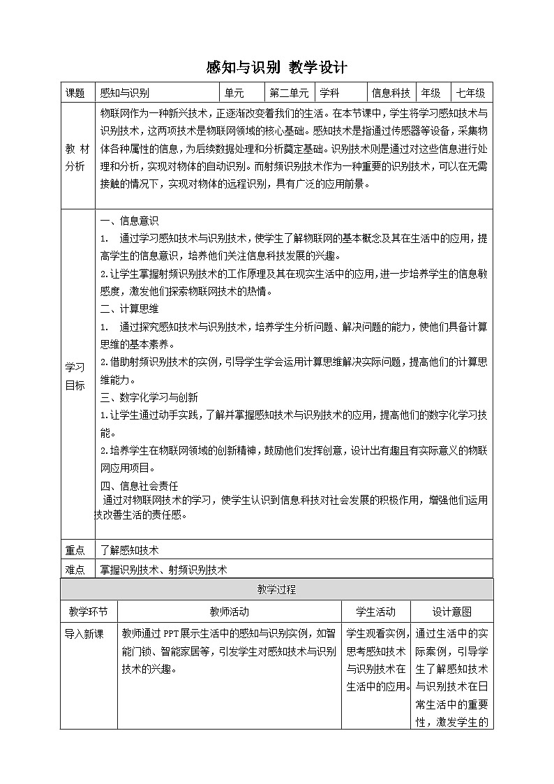 【大单元整体教学】浙教版（2023） 初中信息技术 七年级下册 第2单元第5课 感知与识别 教案 (8份)01