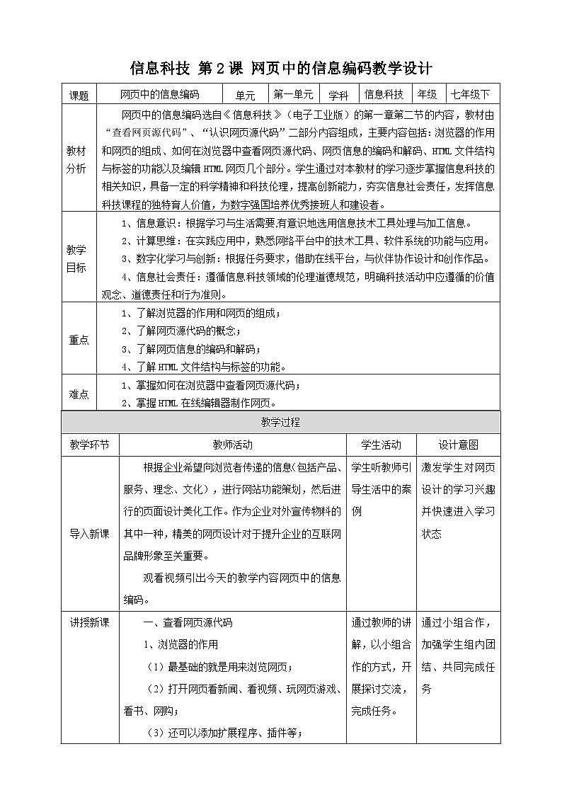 【新课标】电子工业版信息技术七下 1.2《网页中的信息编码》 课件+教案+素材01
