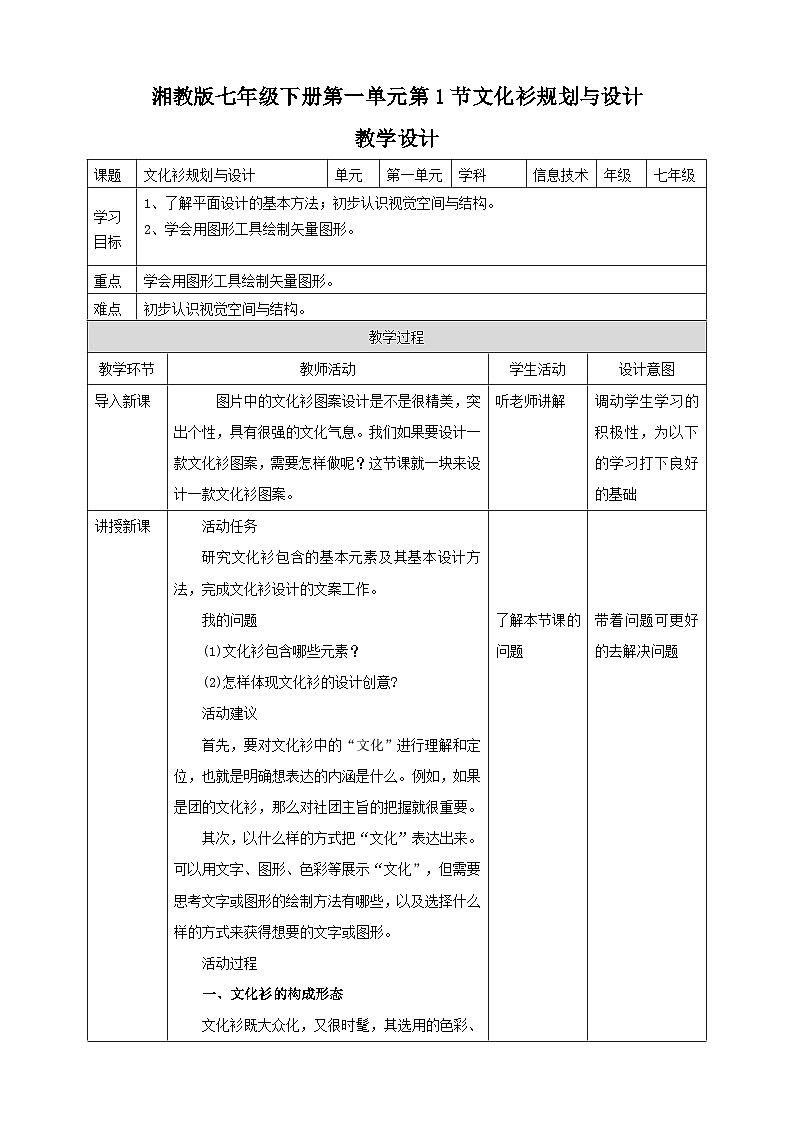 湘教版信息技术七年级下册 第1节 文化衫规划与设计 教案第1页