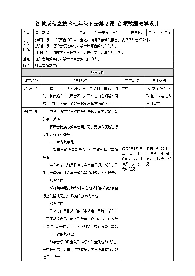 浙教版七年级下册信息技术第2课 音频数据教案01