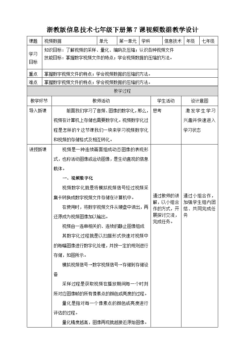浙教版七年级下册信息技术第7课  视频数据教案01