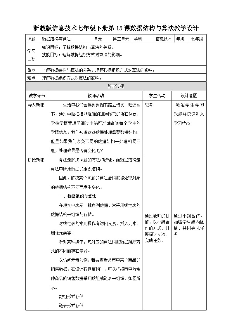 浙教版七年级下册信息技术第15课 数据结构与算法教案第1页