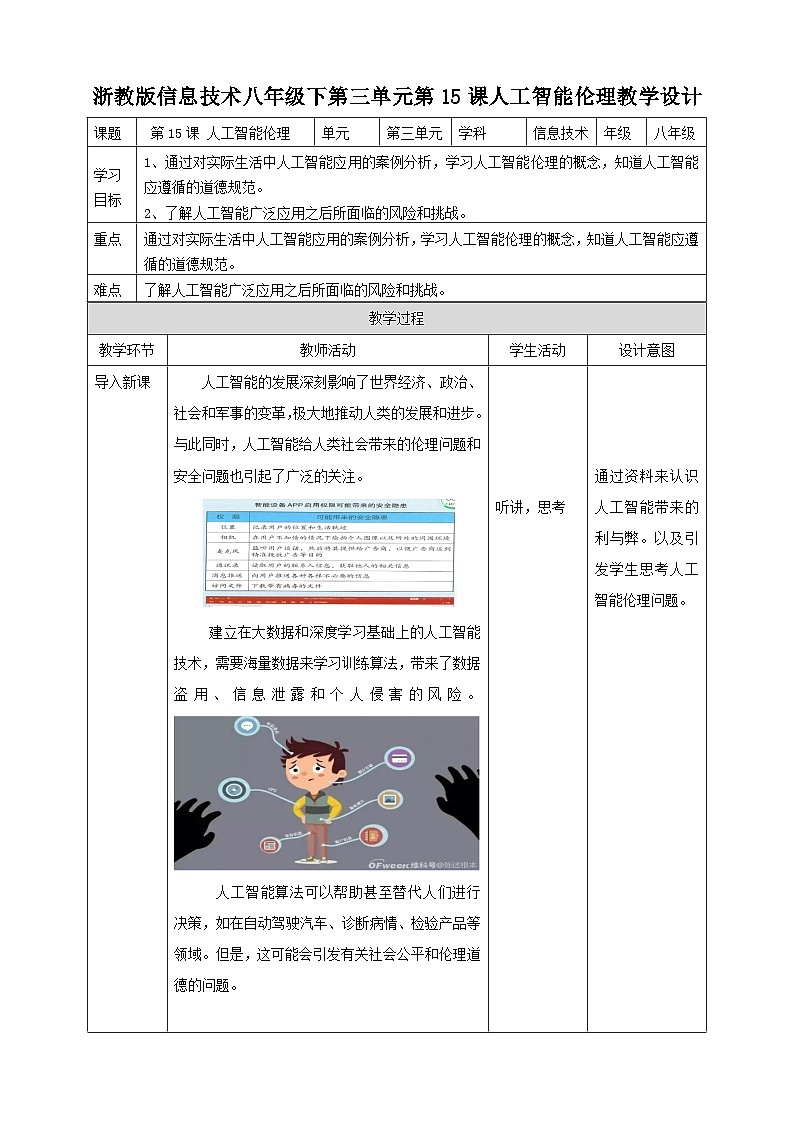 浙教版八年级下册信息技术第15课 人工智能伦理教案第1页