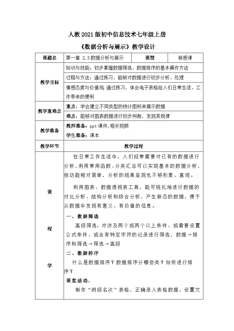 人教2021版（内蒙）2.3《数据分析与展示》教案第1页