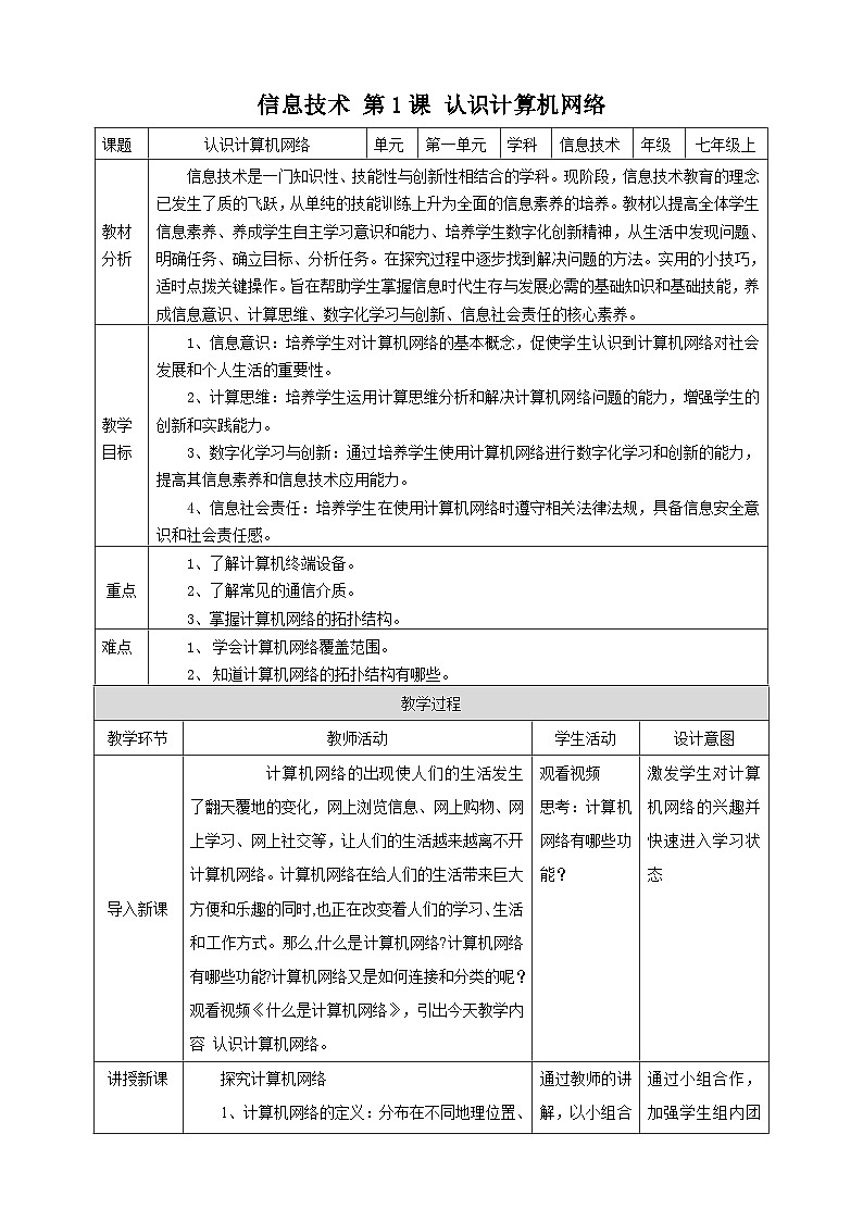 1.1  认识计算机网络 教案第1页