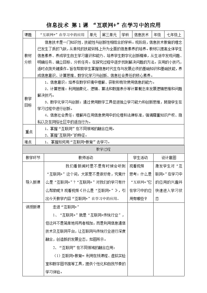 【电子工业社版】七上信息技术 3.1《“互联网+”在学习中的应用》课件+教案+素材01