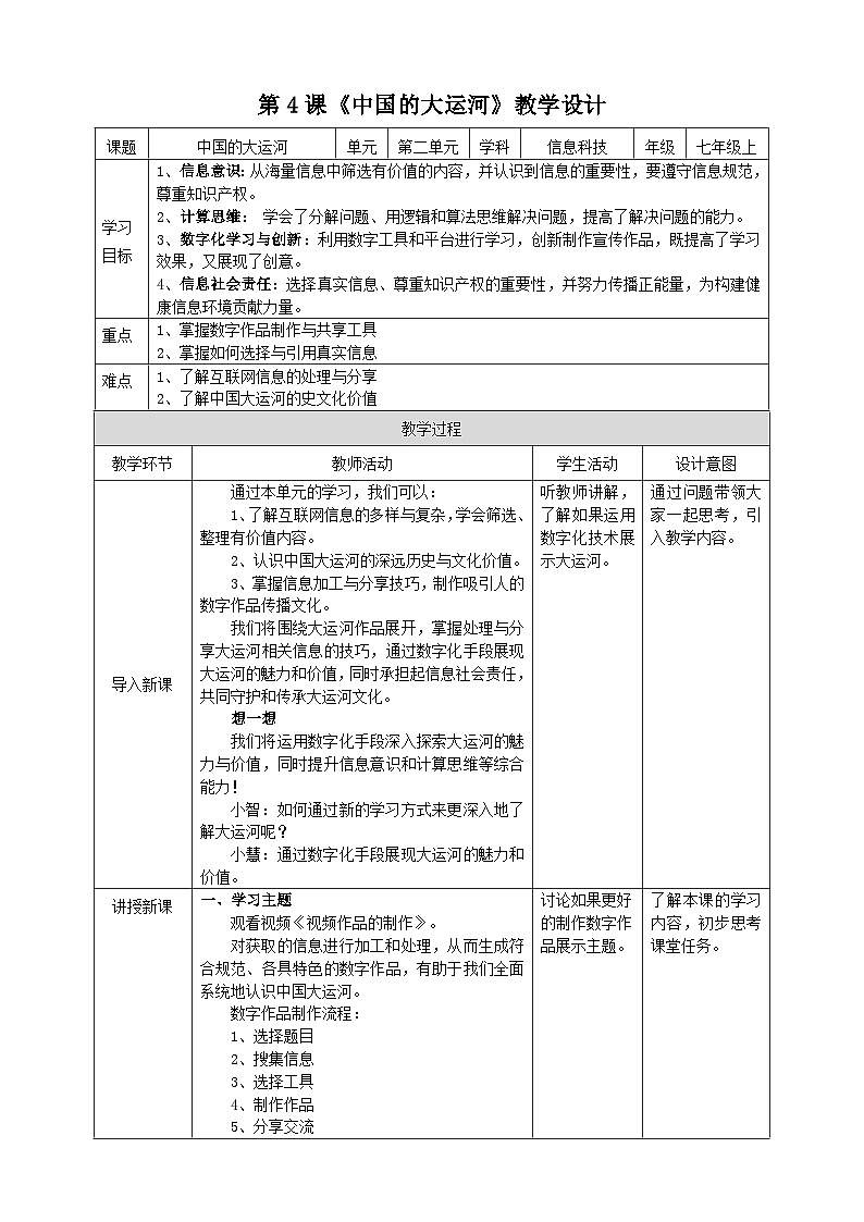 【苏教版信息科技】七年级上册第2单元第4课《中国的大运河》课件+教案+课后练习+素材01
