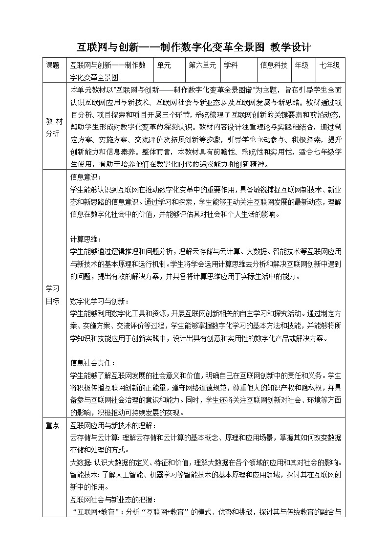 第六单元 互联网与创新——制作数字化变革全景图 教案2 七下信息科苏科版（2023）01