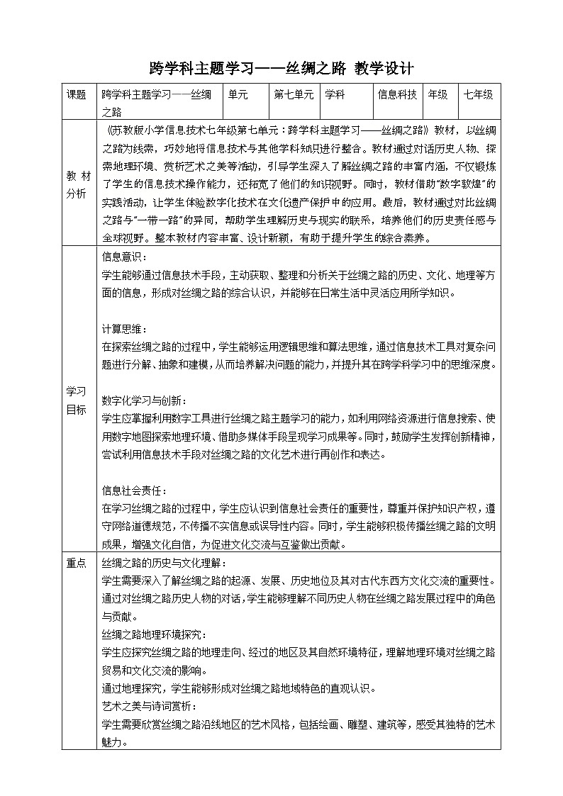 第七单元 跨学科主题学习——丝绸之路 教案1 七下信息科技浙教版2023第1页