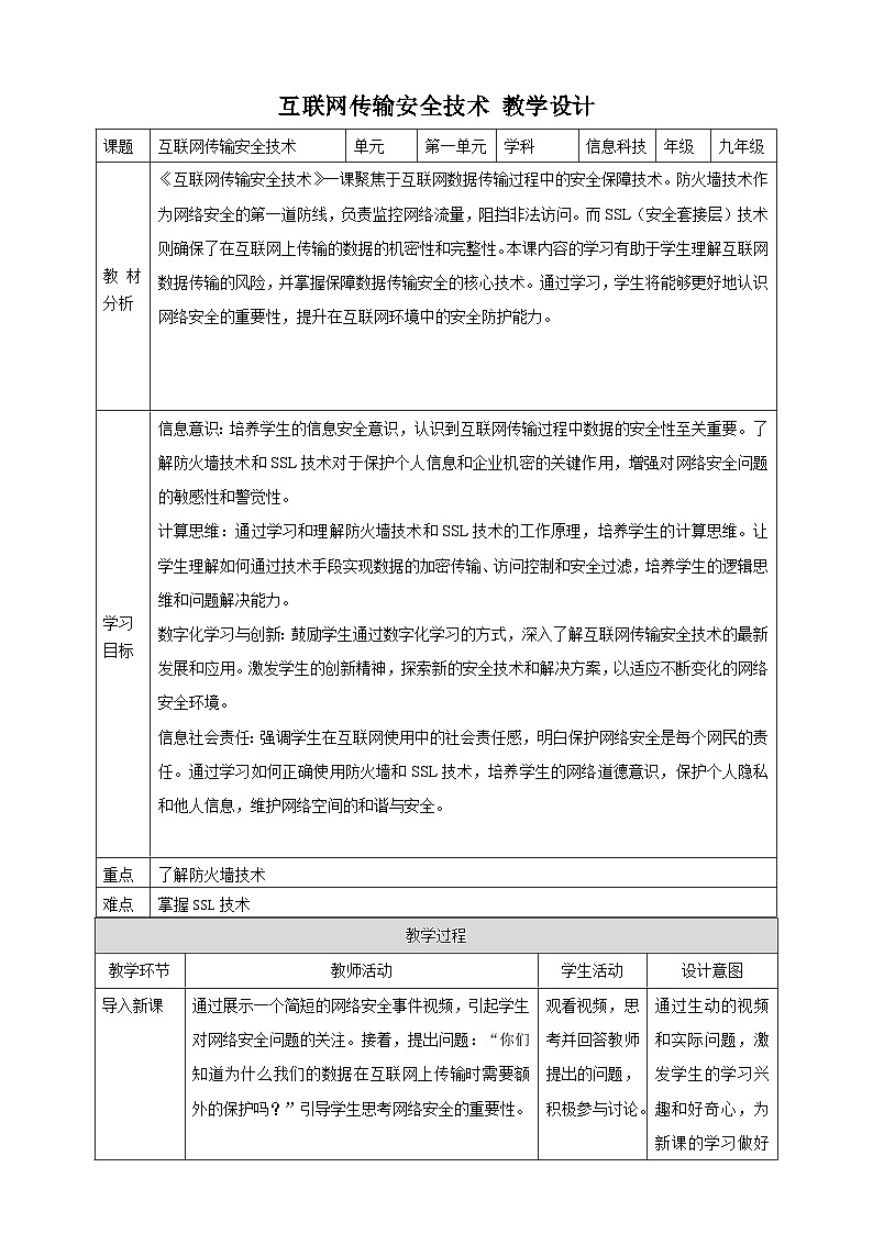 第3课 互联网传输安全技术 教案4 九年级信息科技浙教版（2023）01
