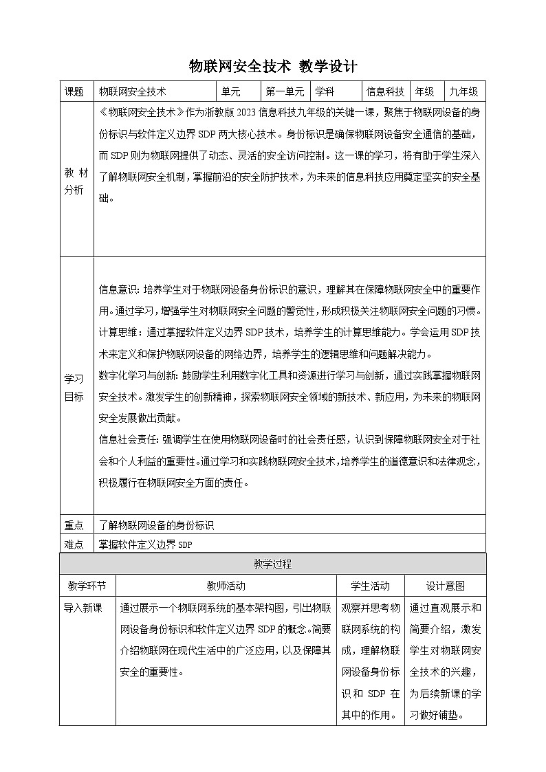 第5课 物联网安全技术 教案1 九年级信息科技浙教版（2023）第1页