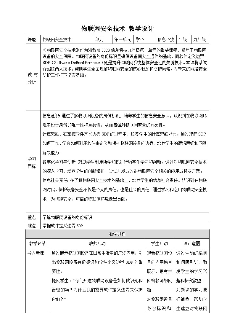 第5课 物联网安全技术 教案3 九年级信息科技浙教版（2023）第1页