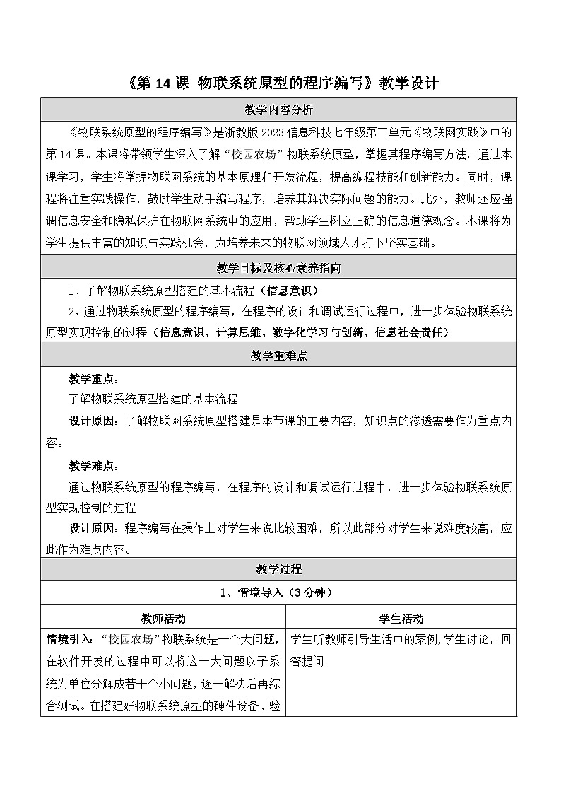 第14课 物联系统原型的程序编写 教学设计第1页