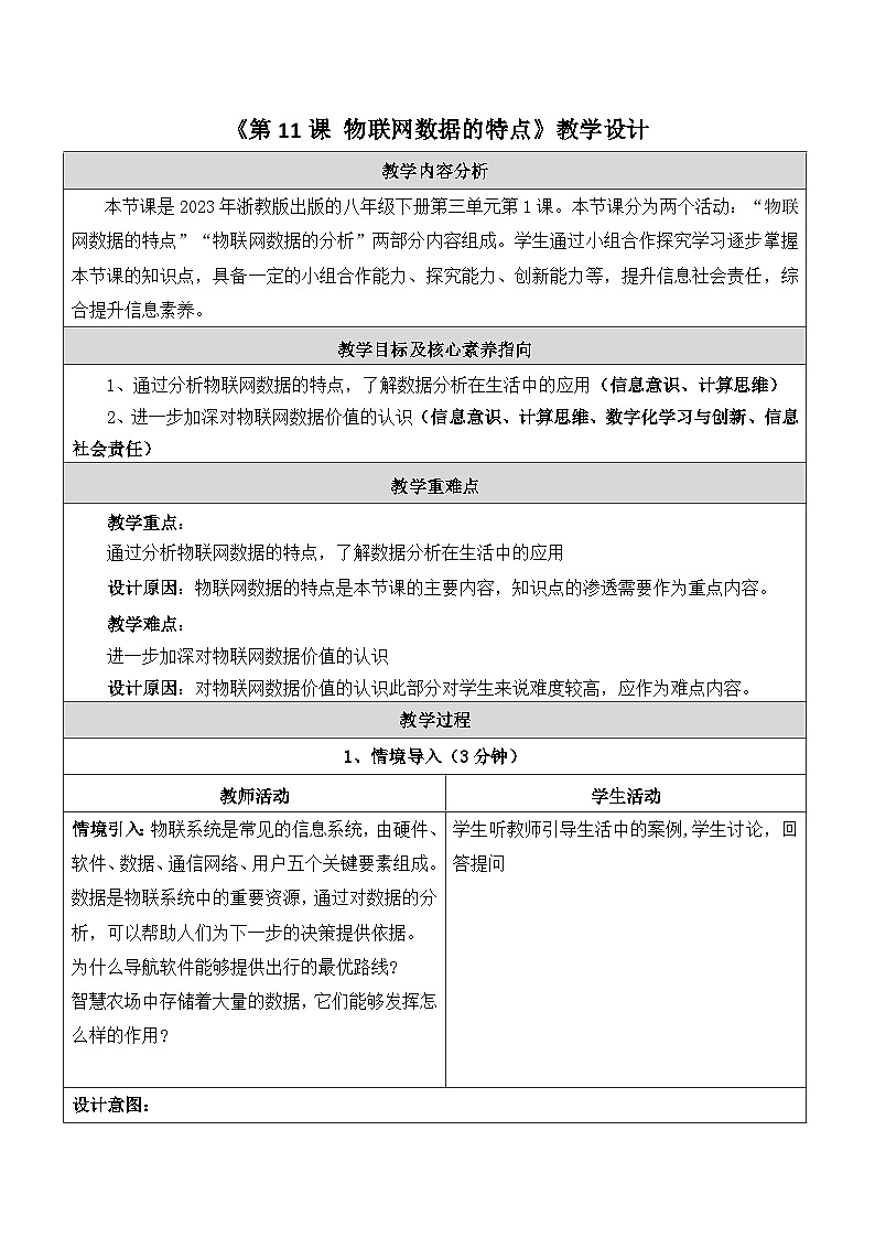 第11课物联网数据的特点 教学设计第1页