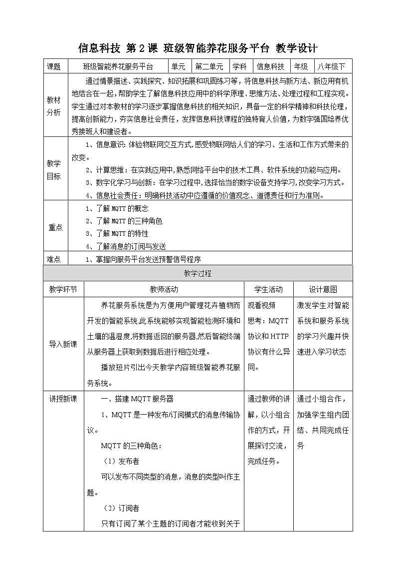 【核心素养目标】电子工业版信息技术八下 1.2 班级智能养花服务平台 教案第1页