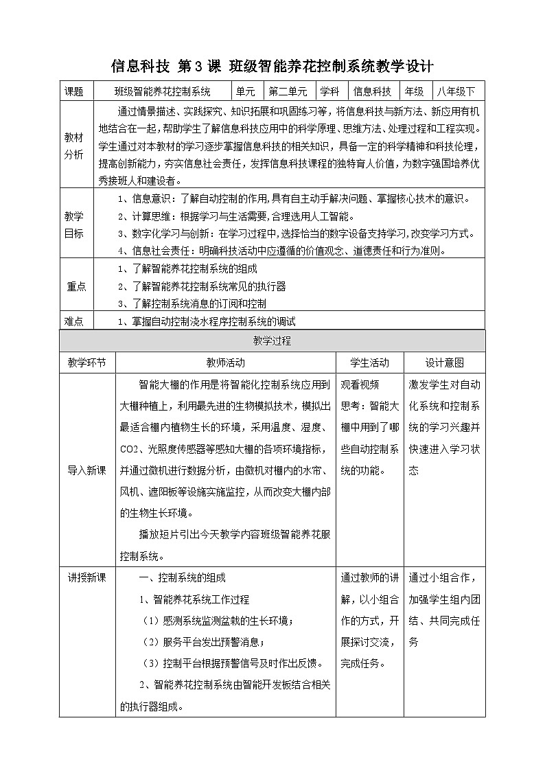 【核心素养目标】电子工业版信息技术八下 1.3 班级智能养花控制系统 教案第1页