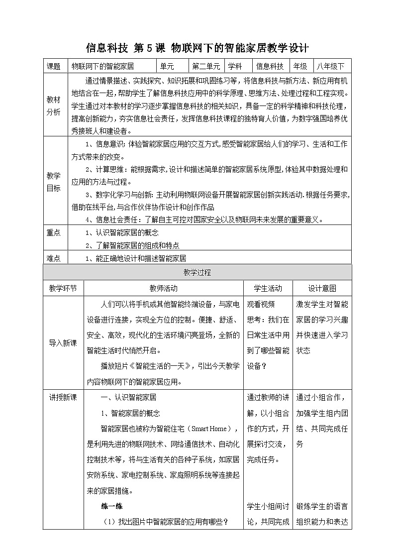 【核心素养目标】信息技术八下2.1 物联网下的智能家居 教案第1页