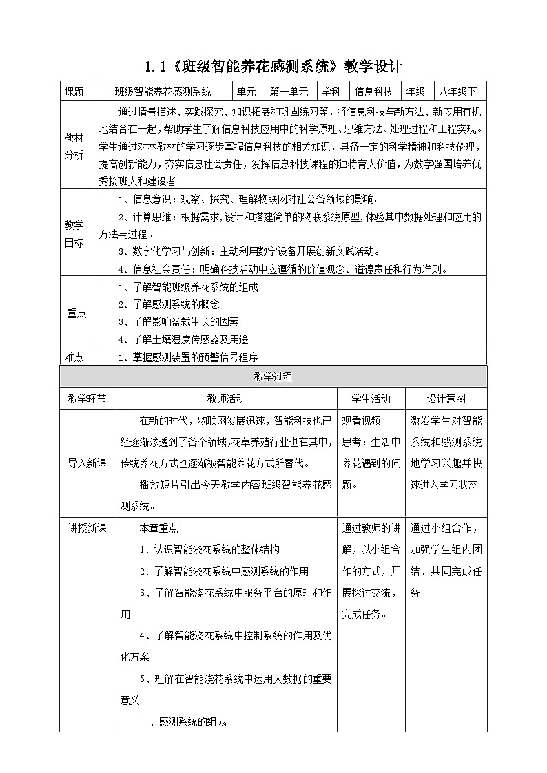 电子工业版信息技术八下 1.1《班级智能养花感测系统》教案第1页